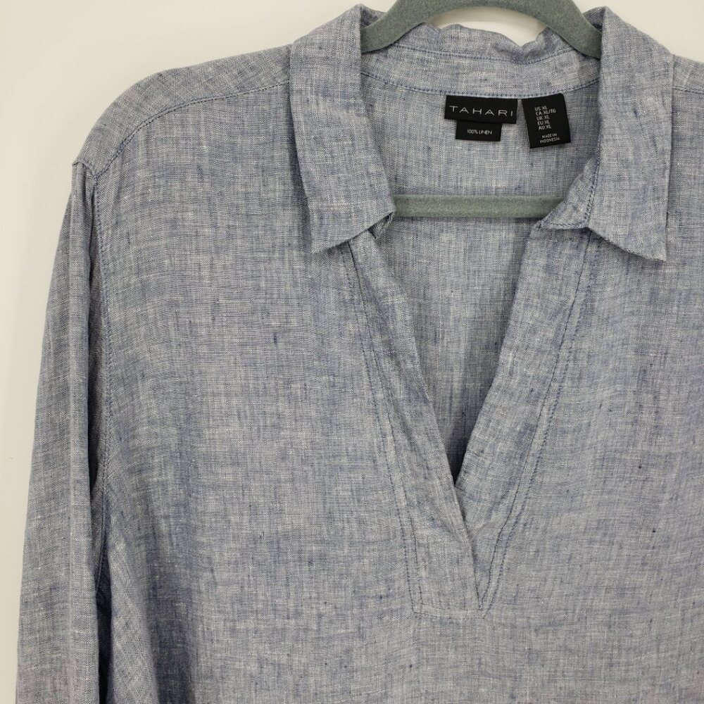 Tahari Light Blue Linen Blend V-Neck Blouse - Picture 5 of 8